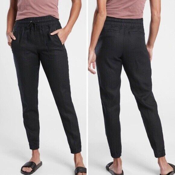 ATHLETA Cabo Linen Joggers Black •Size 0• Zip Pocket Pants 530642-02